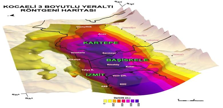 2.3. Kocaeli İli 3 Boyutlu Yeraltı Derinlik Haritası Olası İstanbul depremi veya ilimiz kaynaklı depremlerin yaratacağı ağır hasar bölgeleri odaklanma ve rezonans ile Kocaeli ilinin İzmit baseninin