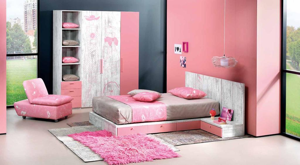 SUZY SUZY GENÇ ODASI YOUNG ROOM Puf / Puff W:350 D:350 H:400 Modüler Karyola / Moduller Bed (120 cm) W:1240 D:2070 H:890 Modüler Karyola Komidin / Nightstand W:440 D:440