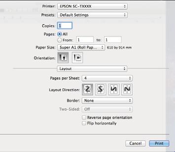 belirleyin. U Temel Yazdırma Metodları (Mac OS X) sayfa 62 B Print Layout iletişim kutusunda, Number of pages per sheet ve Page Order öğelerini seçin.