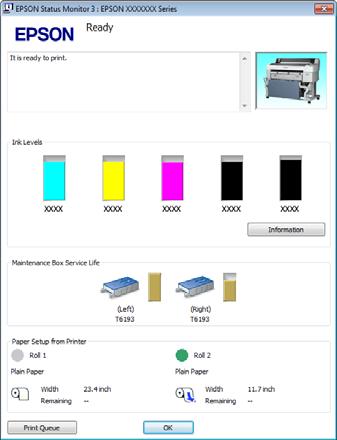 EPSON Status Monitor 3, gösterilen menüden yazıcı adına tıklandığında başlar. SC-T7200D Series/SC-T5200D Series Print Queue Bekleyen bütün işlerin listesini görüntüleyebilirsiniz.