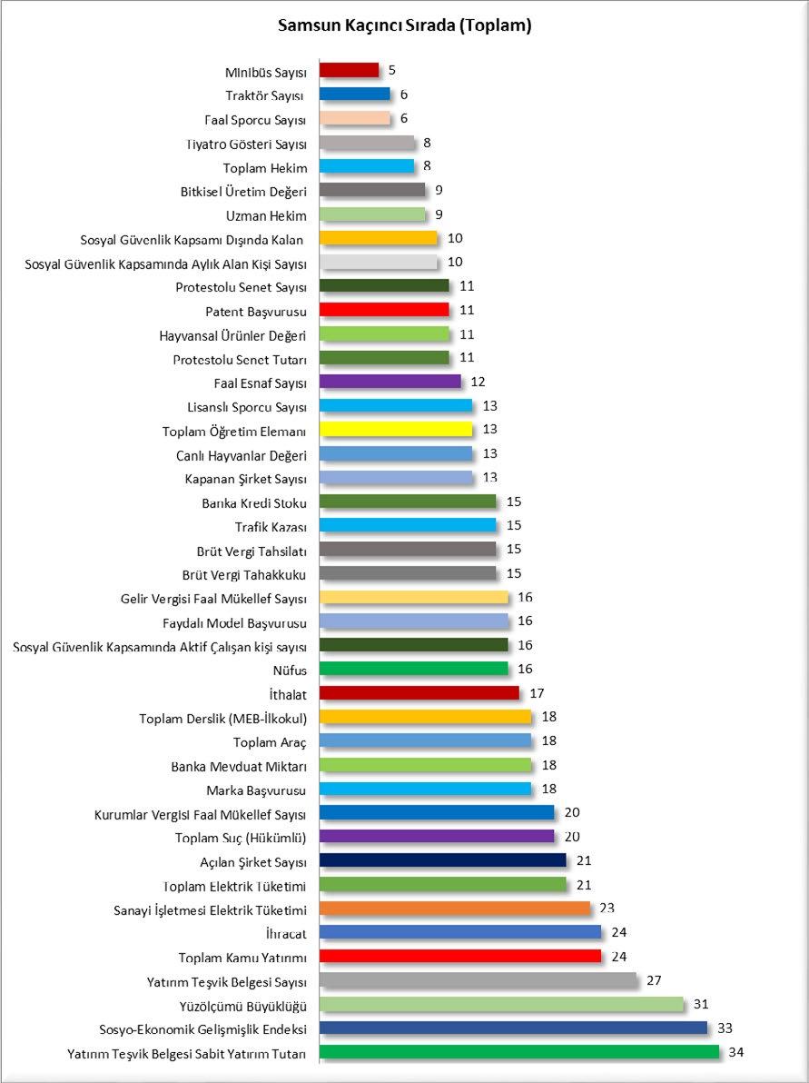 SAMSUN KİŞİ BAŞINA KAÇINCI SIRADA? Aşağıdaki grafikte seçilen 20 adet göstergede Samsun un Türkiye de kişi başına kaçıncı sırada olduğu gösterilmiştir.