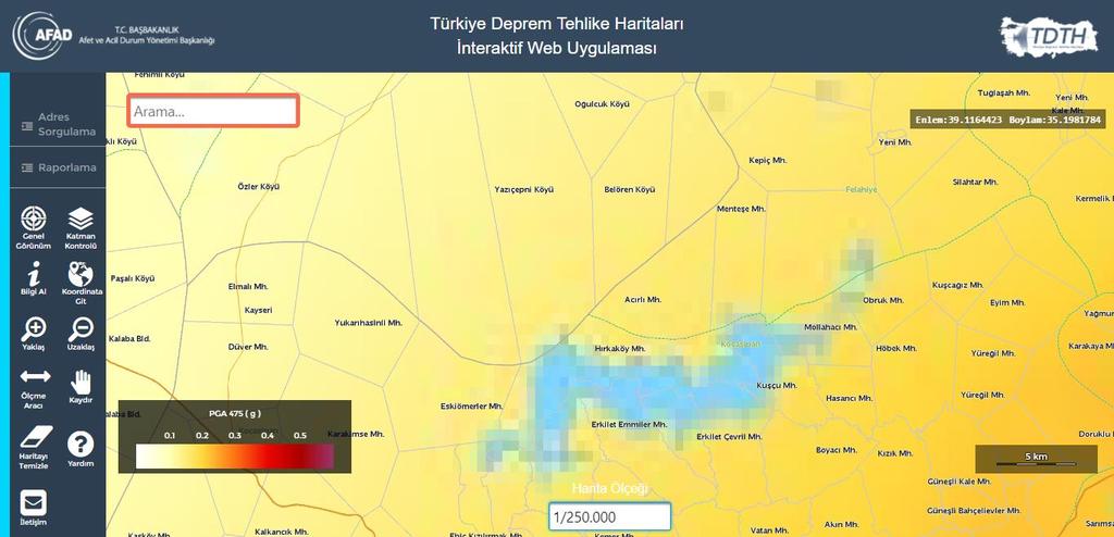 Şekil 1. Türkiye Deprem Tehlike Haritaları İnteraktif Web Uygulaması arayüzünün genel görünümü Şekil 2. Harita Ölçeği 2.3.