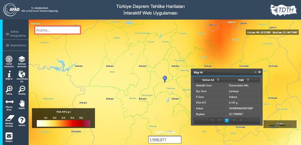 olarak açılan menüde bu sahanın konumuna ait bilgiler (Mahalle Sınırı, İlçe sınırı, İl sınırı, Enlem ve Boylam) ve yer hareketi parametresinin değeri sunulmaktadır (Şekil 7).