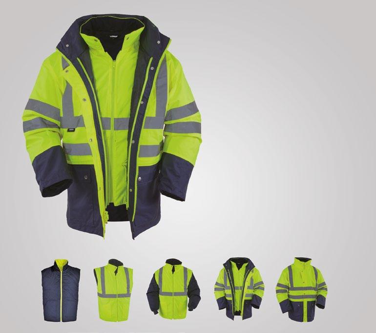 Mont - Kaban VWJK164 Yüksek Görünürlüklü Kontrast 5 i Bir Arada Ceket %100 Polyester, poliüretan kaplı yırtılmaz 300 D Oxford kumaş %100 polyester astar, çıtçıtlı ön kapak, gizli kapişon Alt kısımda