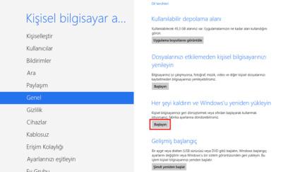 Bilgisayarınızın fabrika ayarlarına dönmesini ve tüm verilerinizin silinmesini sağlayacaktır. Yenileme işlemi ile çözülemeyen sorunlarda Sıfırlama işlemi tercih edilmelidir.