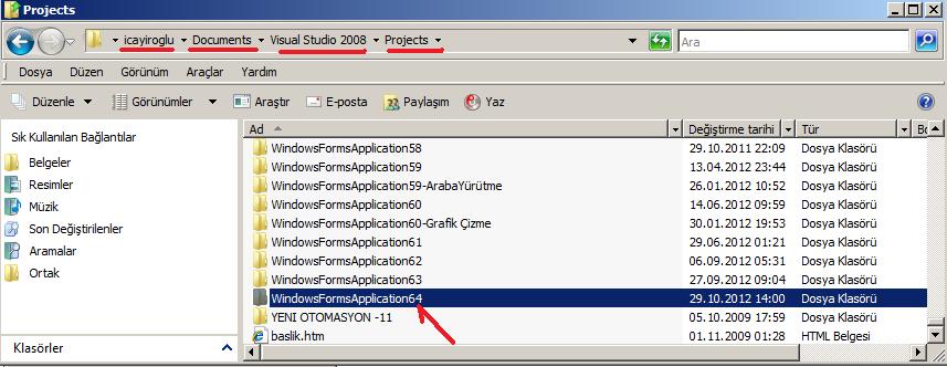 VS yi kapattıktan sonra hazırladığımız programı başka bir yere taşımak istiyorsak 4 nolu yere gidip orada 3 numara ile gösterilen ismin bulunduğu klasörü alıp