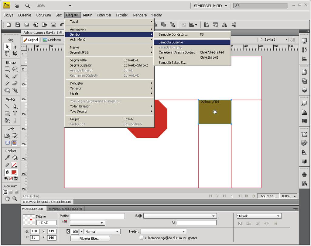 116 Bölüm 5 Sembollerle Çalışmak Bir Sembol Örneğini Düzenlemek Fireworks uygulaması ile önceden kaydedilmiş sembolleri düzenleyebilirsiniz.
