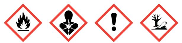 2.2 Etiket Unsurları Zararlılık işaretleri: GHS02 GHS08 GHS07 GHS09 Uyarı kelimesi: Tehlike Zararlılık ifadeleri Alevlenir Sıvı Kategori 1: H224: Çok alevlenir sıvı ve buhar.
