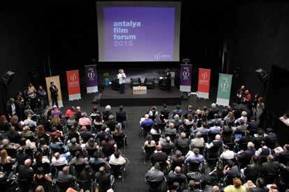 Antalya Film Forum Açılışı Antalya Büyükşehir Belediye Başkanı ve Festival Başkanı Menderes Türel açılış konuşması yapıyor Festival Direktörü Elif Dağdeviren ve