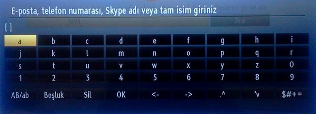 Yeni kişi ekleme Kumanda üzerindeki tuşlarını kullanrak, Kişi Arama yı seçiniz. Arayacağınız kişinin tam adını, skype adını yada e-posta adresinin yazarak arama yapabilirsiniz.