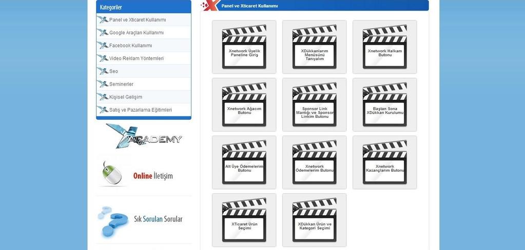 XAcademy - Panel ve Xticaret Kullanımı kategori sayfası Aşağıdaki resimde gösterildiği gibi, Panel ve Xticaret Kullanımı kategorisini tıklayarak ulaşacağınız sayfada bulunan birçok video sayesinde,