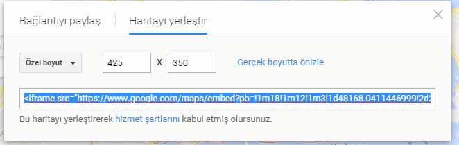 Şekil 24- Google Maps Boyutlandırma Google Maps Kodu Yerine Imaj Yükleme seçeneği mevcuttur. Buradan 450 px X 450px genişliğinde imaj yükleyebilirsiniz.