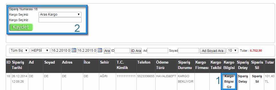 Bu alanda soldan sağa doğru gelirsek; Tüm siparişlerin seçili olduğu kısımdan Ödeme bekleyen, Kargo Bekleyen veya tamamlanan siparişleri seçebilirsiniz.