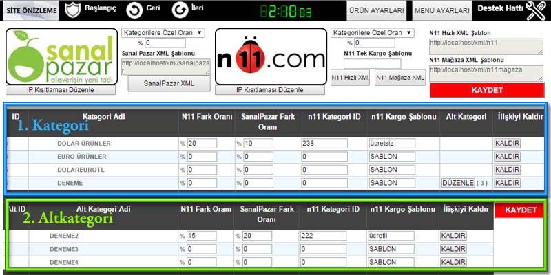 24- XML İşlemleri ( Premium Paket ) Şekil 55 - XML İşlemleri Bu alandan sitenizdeki mevcut ürünlerinizi XML olarak çıktı alarak SanalPazar ve N11 Sitelerine gönderme işlemleriniz yapılabilmektedir.