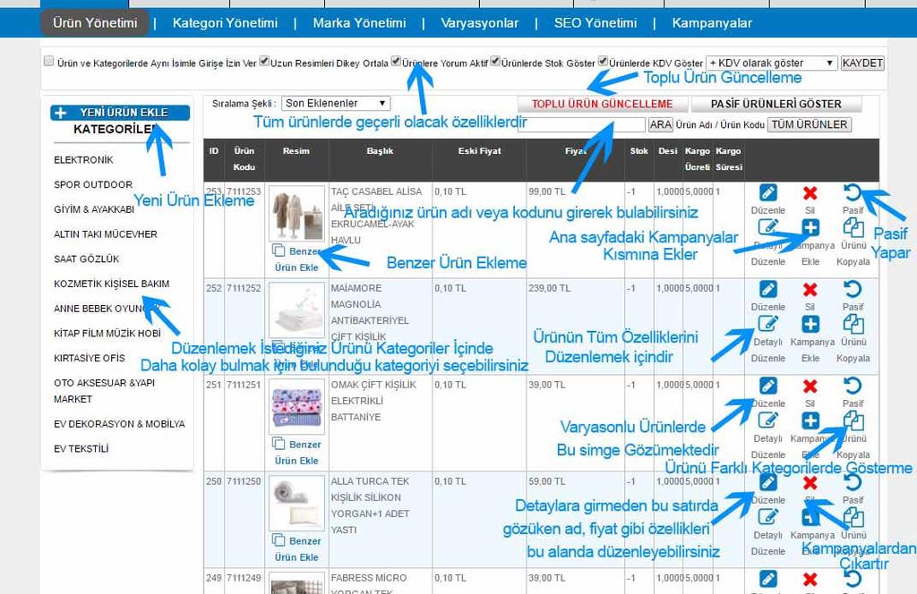 2- Ürün Yönetimi Toplu Ürün Güncelleme/Varyasyon Sistemi Şekil 7 - Ürün Yönetimi Ekranı Şekil 7 de gösterildiği şekilde, ürün yönetimi sayfanıza ulaşabilirsiniz.