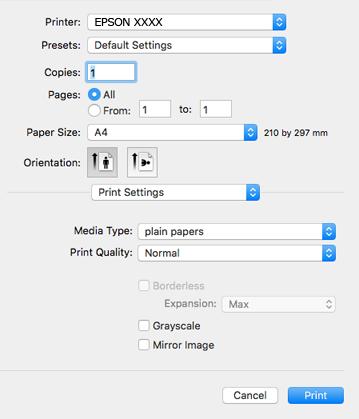 Yazdırma 5. Açılır menüden Yazdırma Ayarları öğesini seçin. Mac OS X v10.8.x veya üstünde Yazdırma Ayarları menüsü görüntülenmezse, Epson yazıcı sürücüsü düzgün bir şekilde yüklenmemiştir.