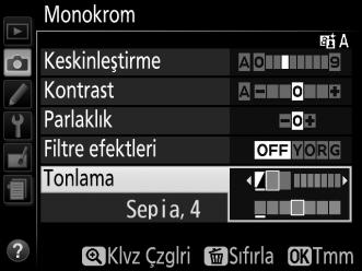 Aşağıdaki filtre efektleri mevcuttur: Seçenek Açıklama Y Sarı Kontrastı arttırır. Manzara fotoğraflarında gökyüzünün parlaklığını O Turuncu hafifletmek için kullanılabilir.