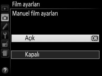 Manuel film ayarları: Fotoğraf makinesi M modundayken deklanşör hızı ve ISO duyarlılığına manuel ayarlamalar yapılmasına izin vermek için Açık seçin.