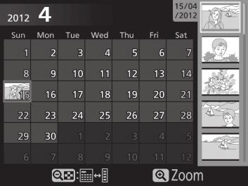 Takvimden İzleme Seçilen tarihte çekilen resimleri görüntülemek için, 72 resim görüntülendiğinde W (Q) düğmesine basın.