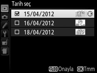 Tarih seç: Seçilen Tarihte Çekilen Fotoğrafları Silme 1 Tarih seç öğesini seçin. Sil menüsünde, Tarih seç seçeneğini vurgulayın ve 2 düğmesine basın. 2 Bir tarihi vurgulayın.