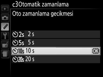 c2: Otomatik kapanma zmnlyclr G düğmesi A Özel Ayarlar menüsü Bu seçenek menü ekranında ve izlemede (İzleme/menüler) hiçbir işlem yapılmıyorsa, çekimden sonra ekranda fotoğraflar gösterilirken (Resim