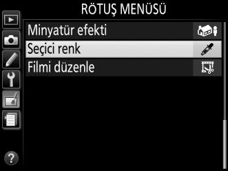 Seçici renk G düğmesi N rötuş menüsü Yalnızca seçilen tonların renkli göründüğü bir kopya oluşturur. 1 Seçici renk öğesini seçin.