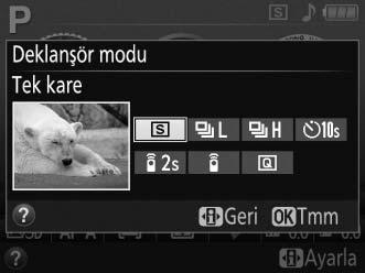 Daha Çok Fotoğrafçılık (Tüm Modlar) Tek Kare, Sürekli, Otomatik zamanlama, Uzak ve Sessiz Deklanşör Modları Aşağıdaki deklanşör modlarından birini seçin: Mod Açıklama 8 Tek kare: Fotoğraf makinesi