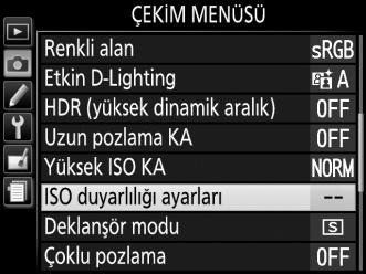 A Otomatik Çevirmeli ayar düğmesi P, S, A veya M ayarına başka bir modda Otomatik ISO duyarlılığı seçildikten sonra çevrildiyse, P, S, A veya M modunda son seçilen ISO duyarlılığı geri yüklenir.