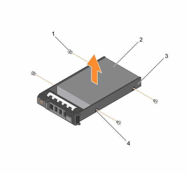 Rakam 50. 2,5 inç sabit sürücü veya SSD taşıyıcısındaki 2,5 inç sabit sürücüyü veya SSD'yi çıkarma Sonraki Adimlar 1. vida (4) 2. sabit sürücü veya SSD 3. sabit sürücü veya SSD taşıyıcı 4.