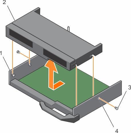 Rakam 54. Sabit sürücü veya SSD kafesini çıkarma Sonraki Adimlar 1. ayırıcı (4) 2. sabit sürücü veya SSD kafesi 3. vida (2) 4. vida deliği (2) 1. Sabit sürücü veya SSD kafesini takın. 2. Sabit sürücü veya SSD arka panelini takın.