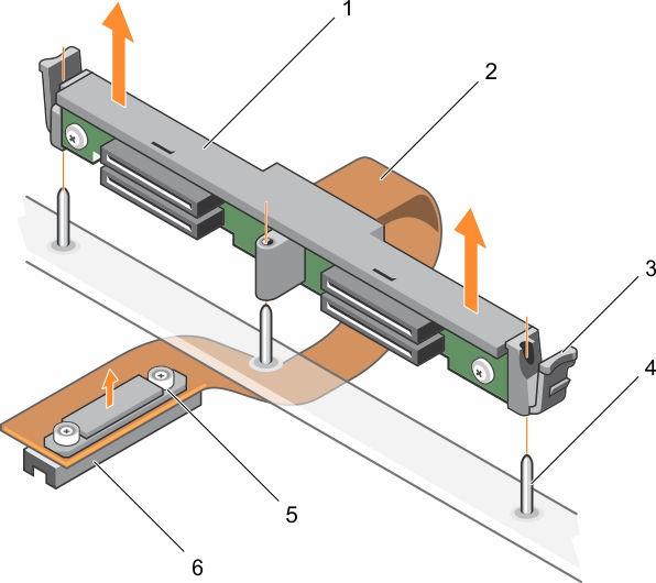 Rakam 57. 1,8 inç (x4) SSD arka panelini çıkarma Sonraki Adimlar 1. sabit sürücü veya SSD arka paneli 2. sabit sürücü veya SSD arka panel kablosu 3. serbest bırakma mandalı (2) 4. kılavuz pimi (3) 5.