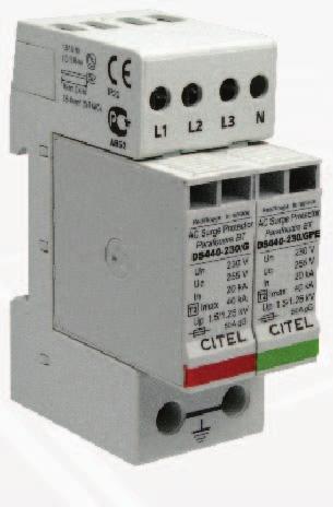 AC PARAFUDR 3-phase Type 2 surge protectors Citel range DS440-230/G DS44-230/G 3-phase network 230/400 V 230/400 V SPD Conﬁguration 3-phase+N