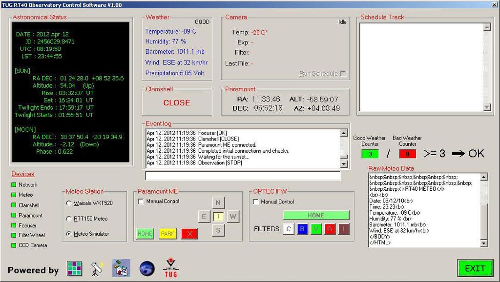 Şekil 3. RT40 Teleskobu yazılımının ana ekran görüntüsü. Robotik çalışma sırasında tüm çevre bi