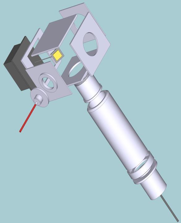 H G J I M N Şekil 1. Tayfçekerin ilk opto-mekanik tasarımı. K C F B L A E D Şekil 2. Fiber başlığı. Kırmızı renk ile gösterilen tayfçekere giden fiber kablodur. Tam karşısı teleskoba giriş yeridir.