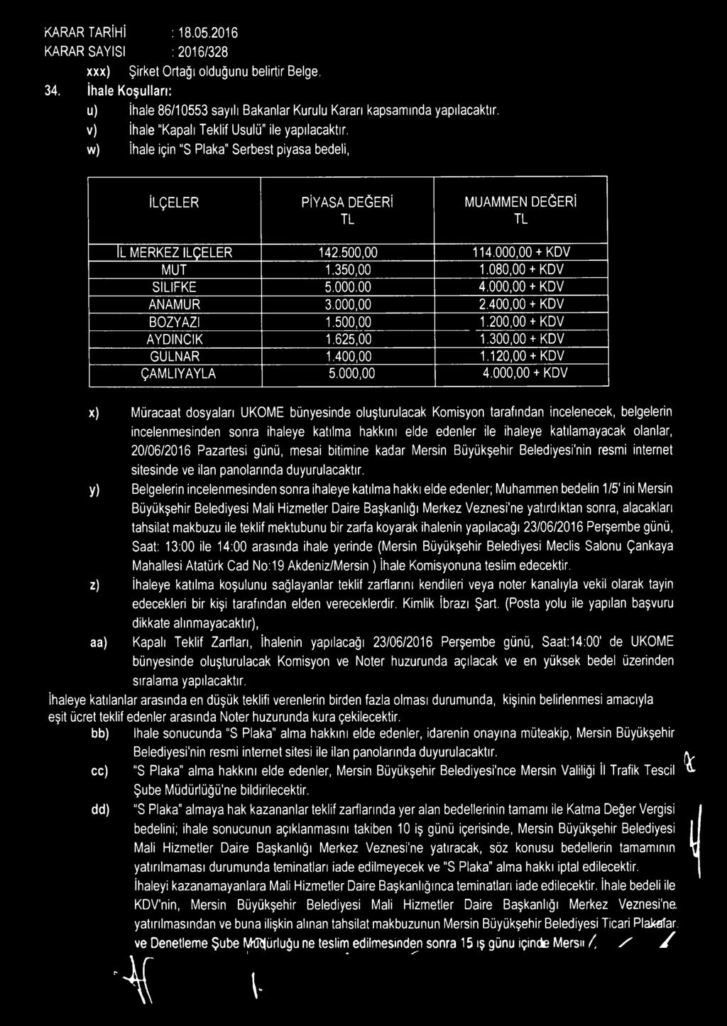 w) İhale için S Plaka" Serbest piyasa bedeli, İLÇELER PİYASA DEĞERİ TL MUAMMEN DEĞERİ TL İL MERKEZ İLÇELER 142.500,00 114.000,00 + KDV MUT 1.350,00 1.080,00 + KDV SİLİFKE 5.000.00 4.