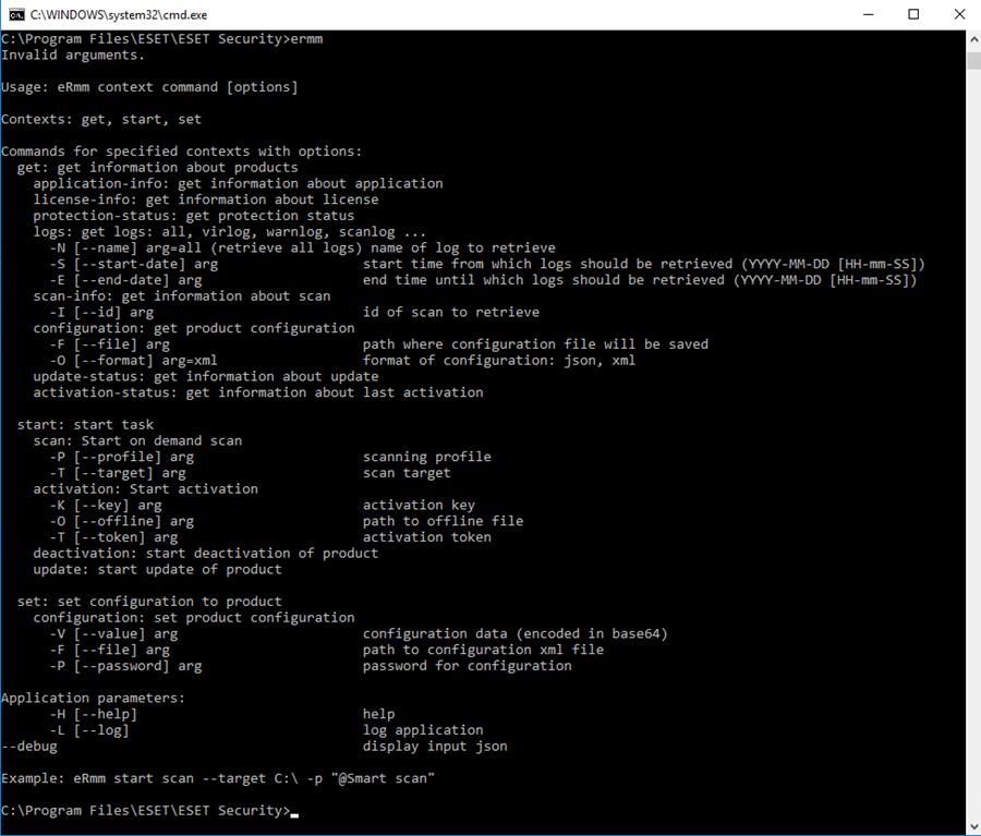 3.10.7.1 RMM Komut Satırı Remote monitoring management is run using the command line interface. The default ESET Endpoint Antivirus installation contains the file ermm.