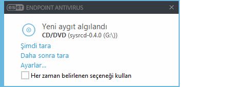 3.9.1.6 Çıkarılabilir medya ESET Endpoint Antivirus, otomatik çıkarılabilir medya (CD/DVD/USB/...) tarama işlemini sağlar. Bu modül, takılı bir medyayı taramanıza olanak sağlar.