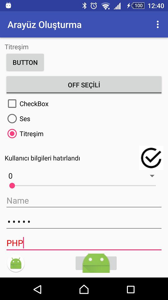 Button, Edittext, Textview, ImageButton, ImageView, Spinner, Listview, Seekbar arayüz elemanları ve