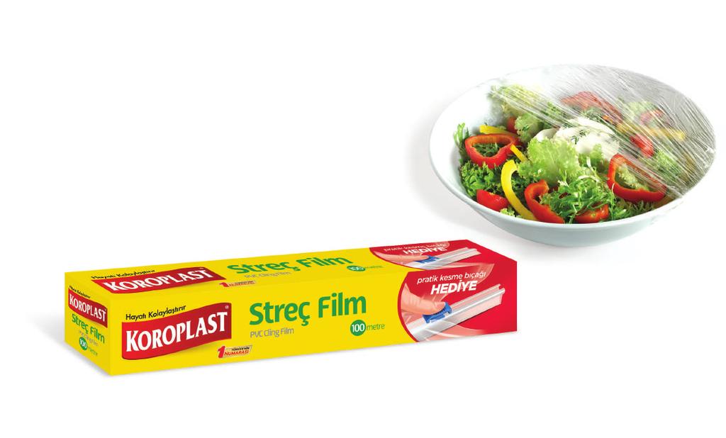 14 Streç Film Cling Film KOROPLAST Streç Film, yiyeceklerin doğal koku ve aromalarının birbirine karışmasını engeller, hijyenik ve taze tutar.