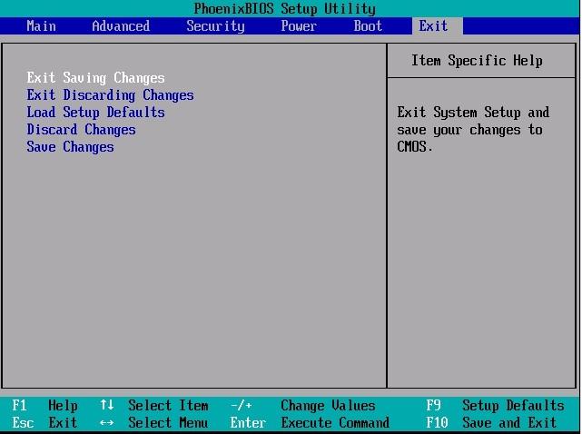 BIOS Exit Sayfası İşlemleri bitirdikten sonra ayarları kaydederek çıkmak için Exit Saving Changes, ayarları değiştirmeden bırakıp çıkmak için Exit Discarding Changes, Tüm ayarları silerek ilk
