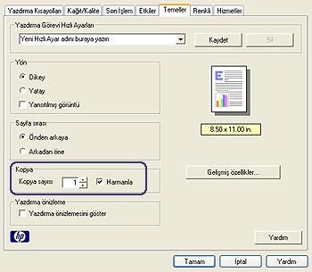 2. Temeller sekmesini tıklatın. 3. Yazdırmak istediğiniz kopya sayısını Kopya sayısı kutusuna yazın. 4. Harmanla onay kutusunu seçin. 5.