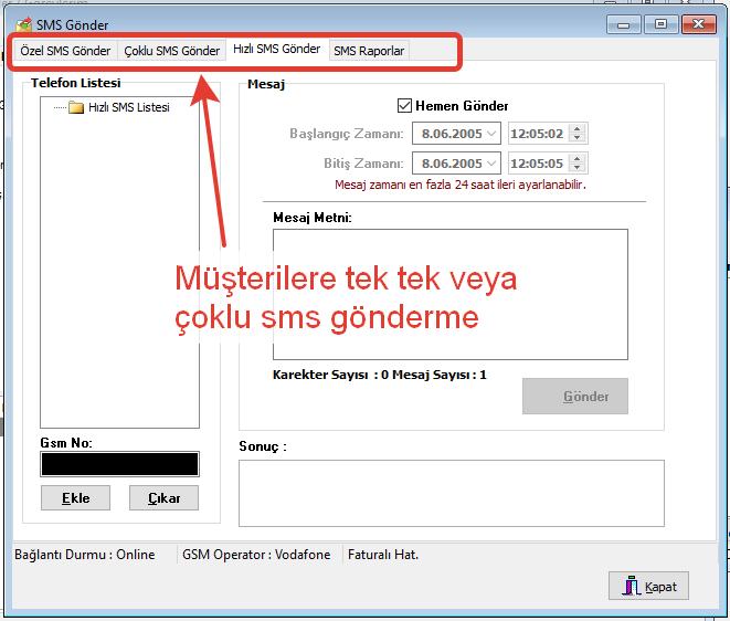 SMS modülü sayesinde portföyünüzde bulunan carilere fatura bilgisi, fatura ödeme bilgisi, çek/senet ödeme bilgisi, cari bakiye hatırlatma, ve özel günlerde SMS gönderebilirsiniz, SMS modülü görevler,