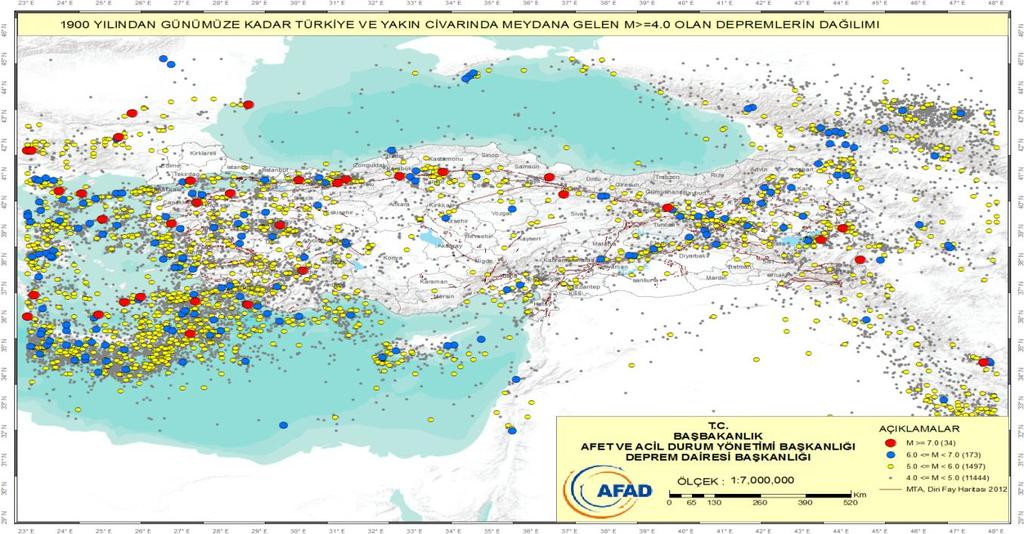 1900 yılından günümüze kadar Şekil 2 gösterilmekte olan Türkiye ve yakın çevresinde meydana gelen depremlere ait kayıtlar deprem konusunun, sürekli gündemde tutularak insanların deprem riski