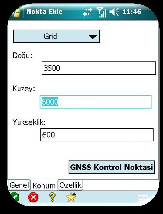 Konum ekranında koordinat Yapısı GRİD seçilir ve gerekli doğu kuzey yükseklik değerleri girilir ve ardından sol alt köşedeki buton ile onaylanır.