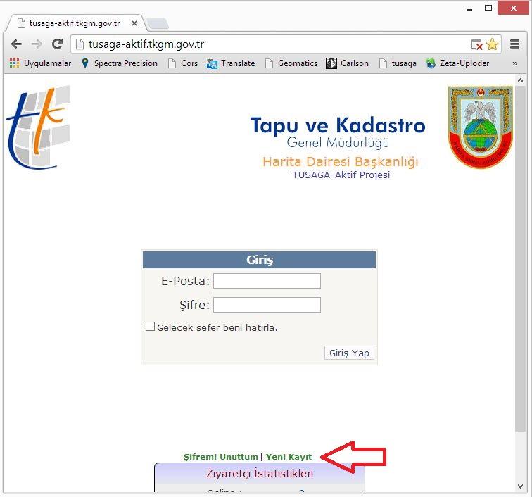 Tusaga-Aktif (Cors) Sistemine Iİlk Kayıt Sisteme kayıt olmak için ilk etapta yapmamız gereken http://tusaga-aktif.tkgm.gov.tr/ web sitesine girmek.