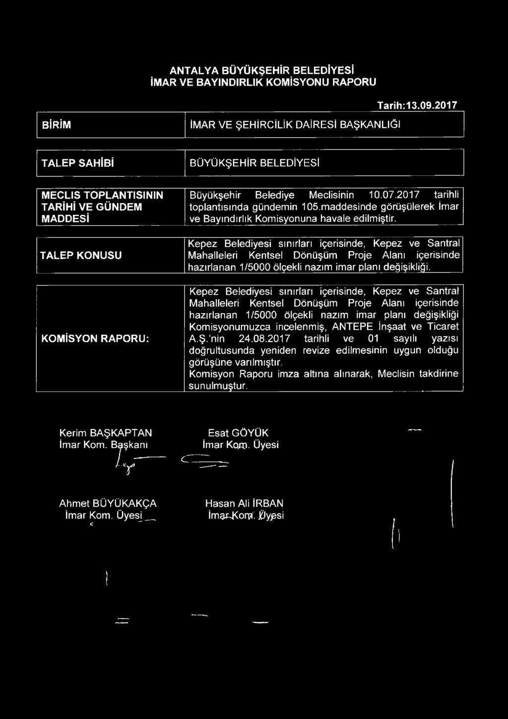 maddesinde görüşülerek İmar ve Bayındırlık Komisyonuna havale edilmiştir.