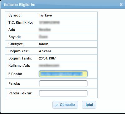 Başvuru Sahibi Ana Sayfa İşlemleri Ana sayfanın sol üstünde, Sistem e giriş yapan kullanıcının Adı ve Soyadı bilgisi yer almaktadır.