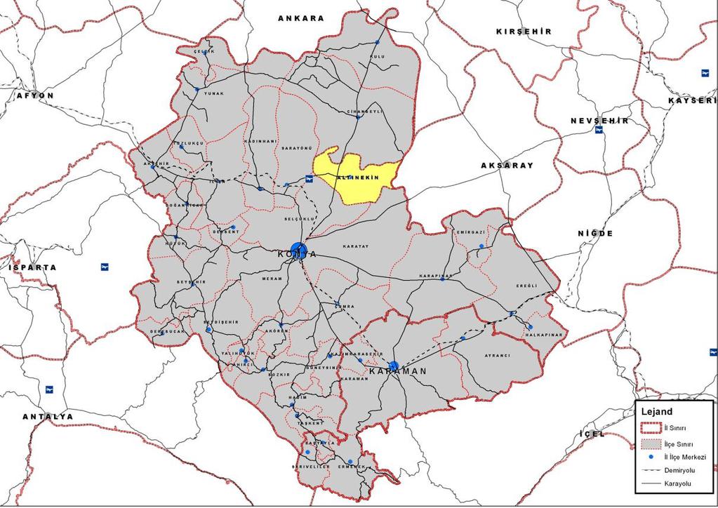 1. DOĞAL YAPI 1.1.COĞRAFİ ÖZELLİKLER Konya ili Altınekin ilçesi, 38 08 ve 38 34 Kuzey enlemleri ile 32 32 ve 32 58 Doğu boylamları arasında yer almaktadır. İl merkezine uzaklığı 65 km dir.