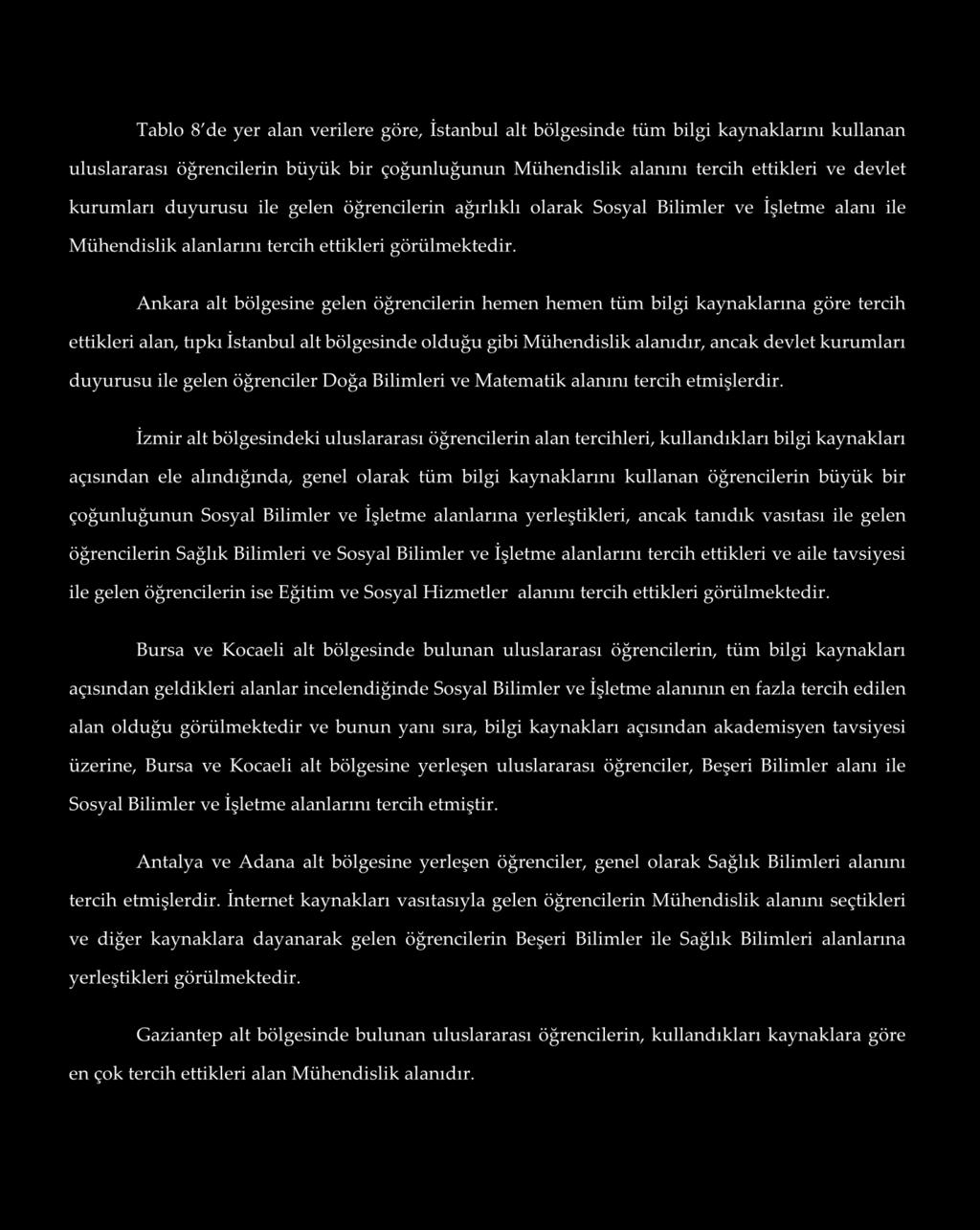 Tablo 8 de yer alan verilere göre, İstanbul alt bölgesinde tüm bilgi kaynaklarını kullanan uluslararası öğrencilerin büyük bir çoğunluğunun Mühendislik alanını tercih ettikleri ve devlet kurumları