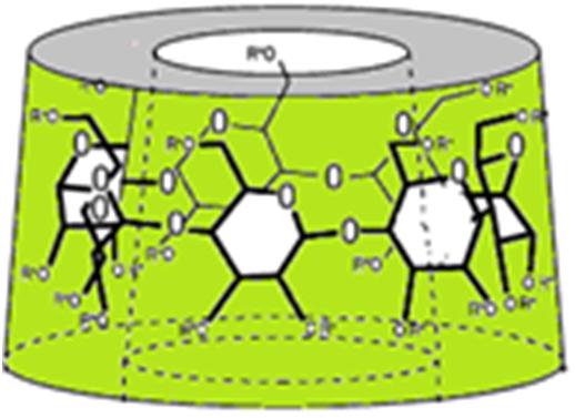 27 H 4 H H 6 C6 5 2 3 C2 C3 H 1 Glukopiranoz birimi n Şekil 1.33. Siklodekstrinin üç boyutlu yapısı Siklodekstrinlerin konuk-konak türü kompleks oluşturabilmeleri boşluk çaplarıyla ilişkilidir.